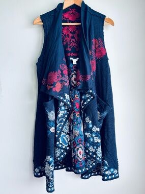 Coldwater Creek Embroidered Navy Sleeveless Duster Vest Medium